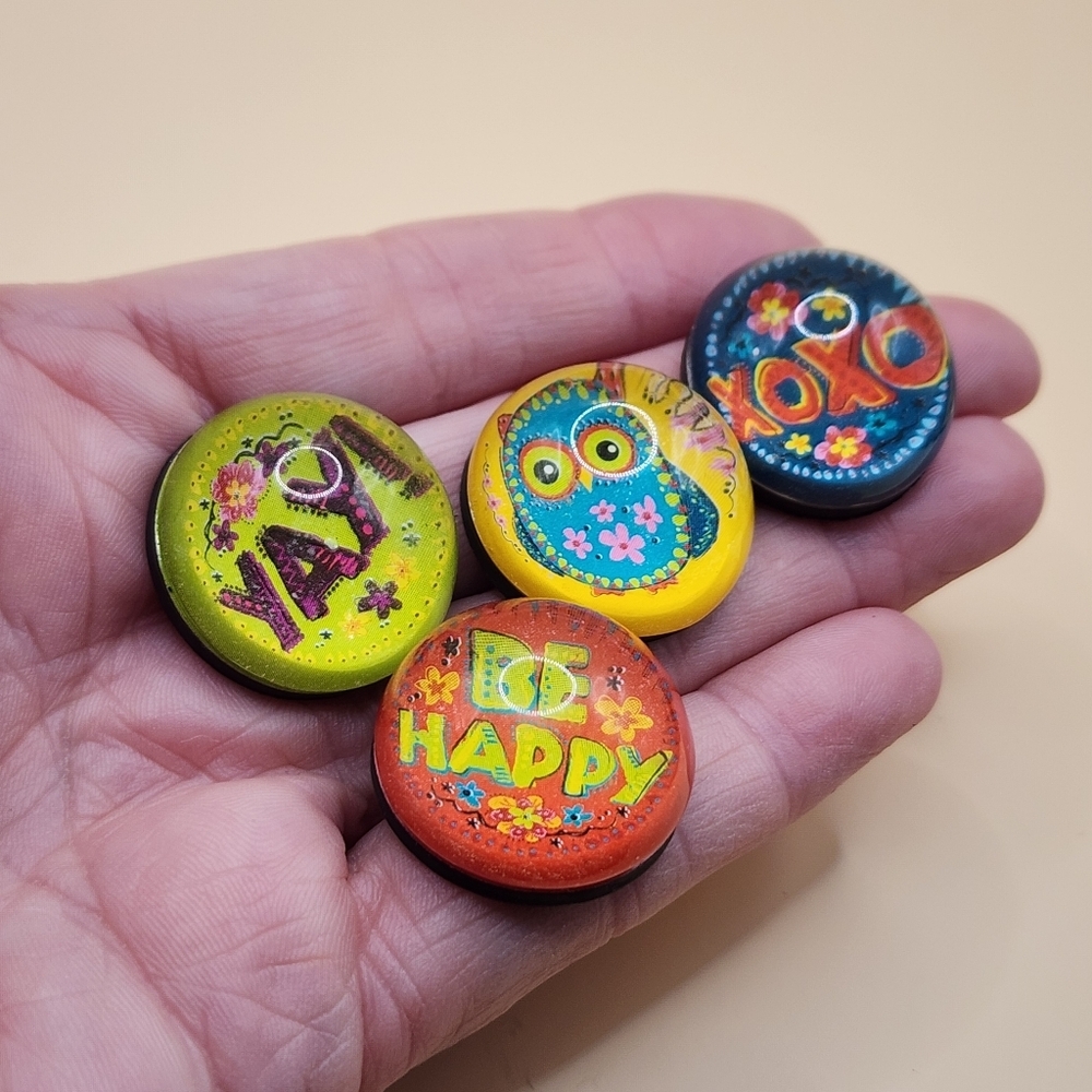 4 Cute Glass Dome Magnets Lot 1" Owl Love XOXO Be Happy Refrigerator Fridge - Picture 3 of 4